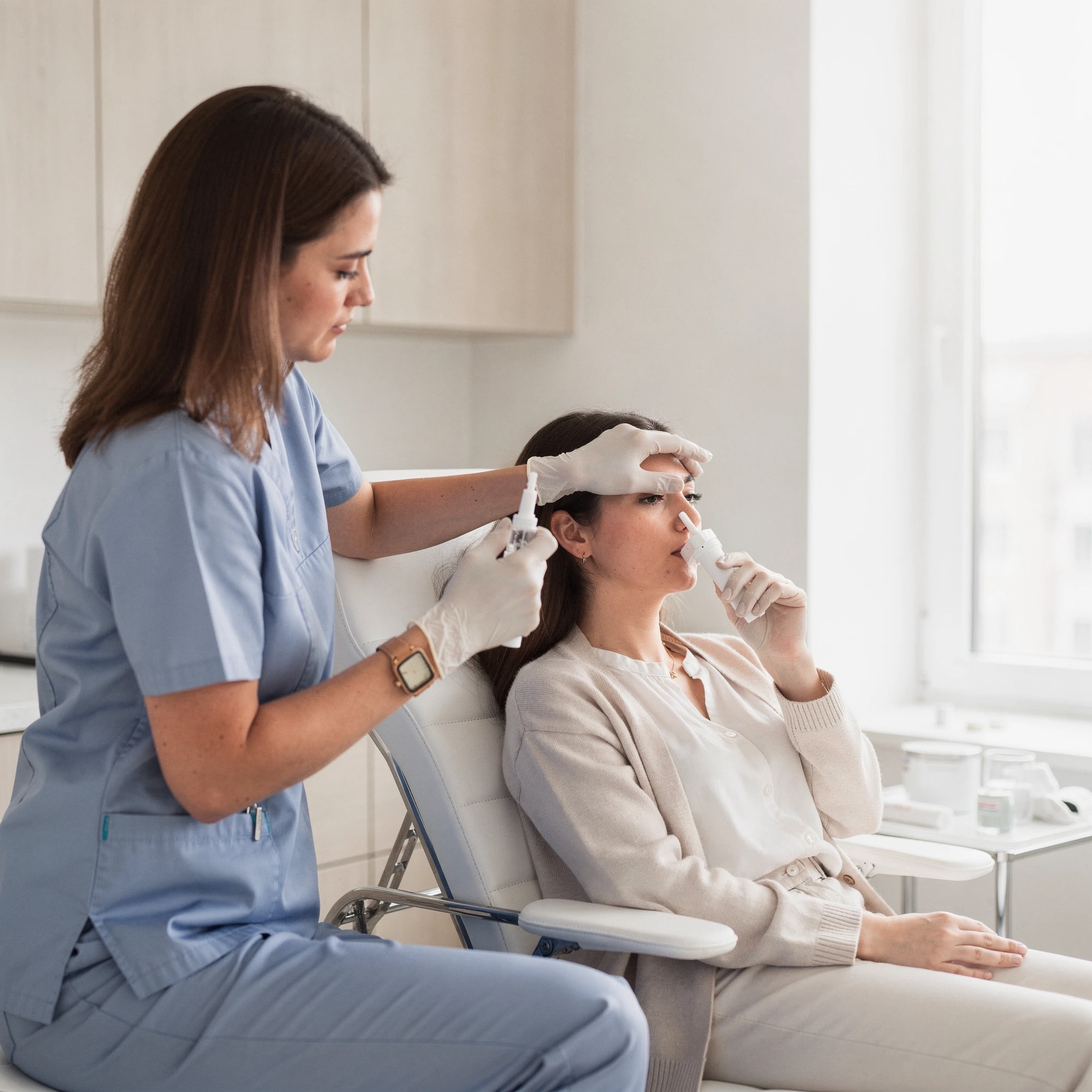 Healthcare provider in blue scrubs examining a patient's forehead injury with gauze in a clinical setting